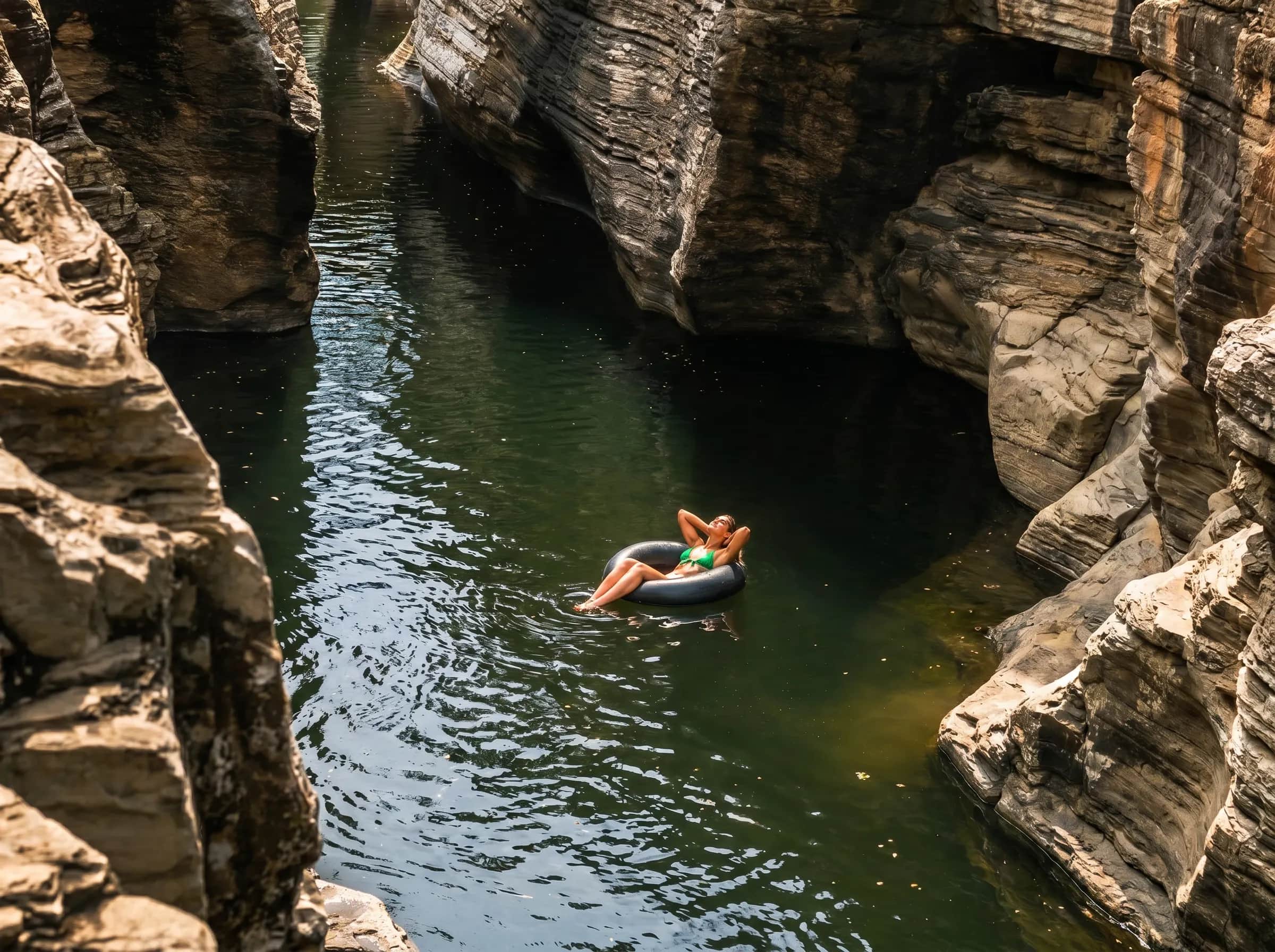 Person floating on a tube between the rock walls of Los Cajones de Chame
