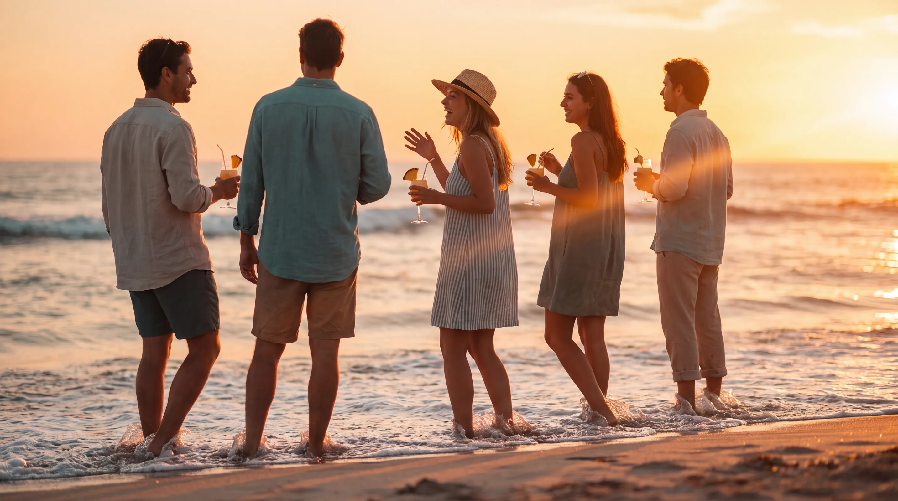 A group of friends toasting at the water's edge at sunset