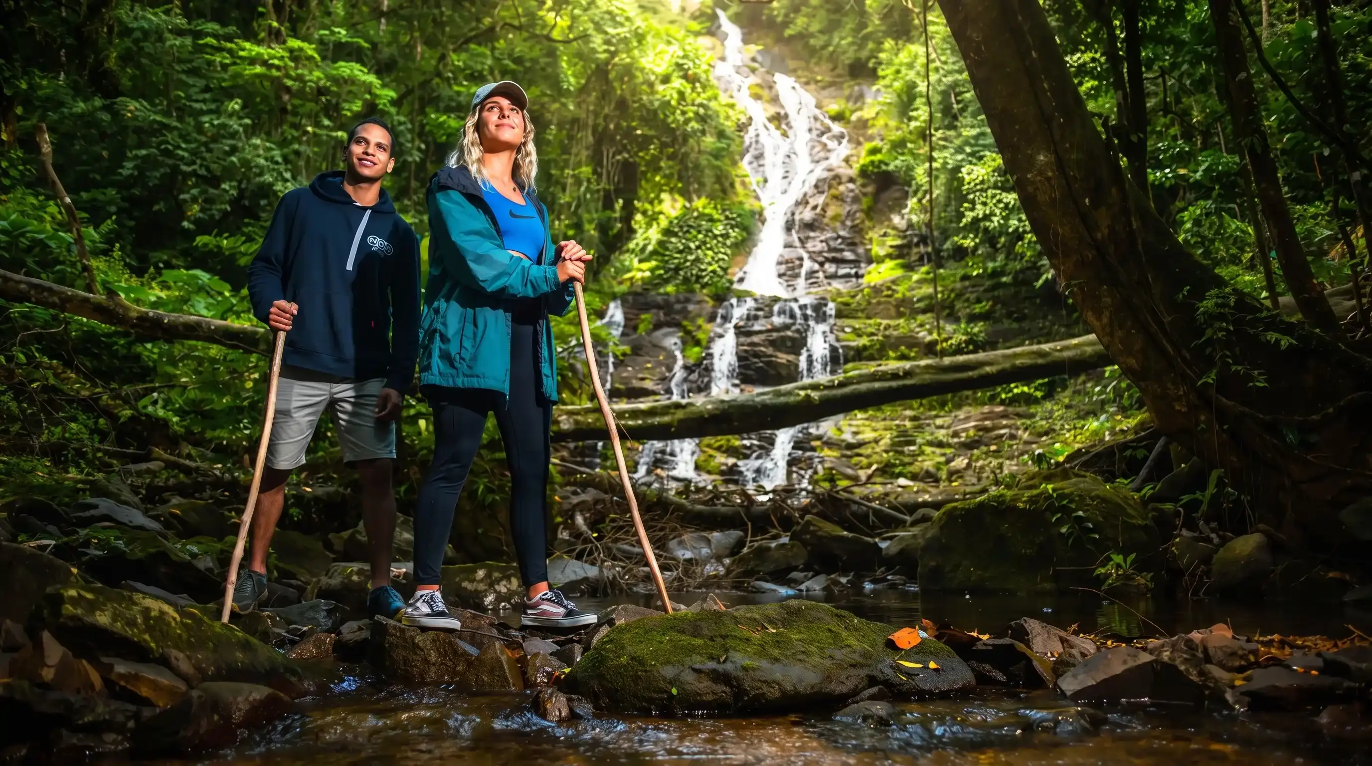 Two hikers beside a waterfall deep in the jungle